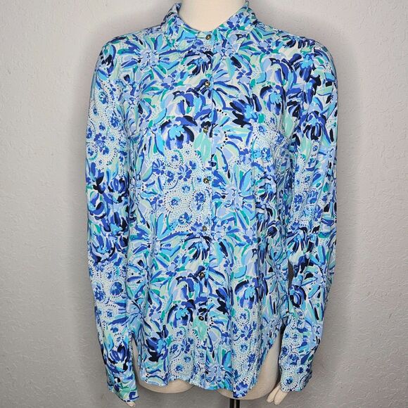 Lilly Pulitzer Button Front Blouse Blue Floral Print Long Sleeve Size M - Picture 1 of 8